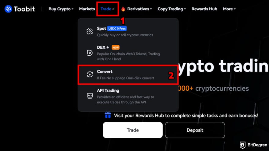 How to use Toobit: navigate to convert page.
