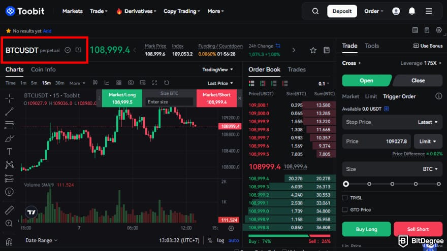 How to use Toobit: select the BTCUSDT pair.