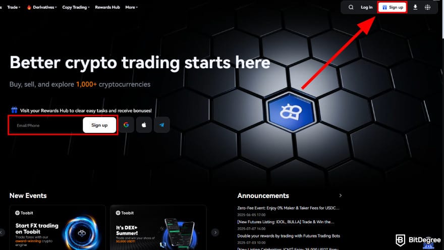 How to use Toobit: visit the page and click sign up.