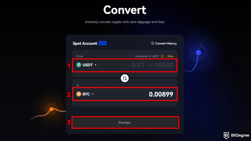 How to use Toobit: choose your token and the amount to convert.