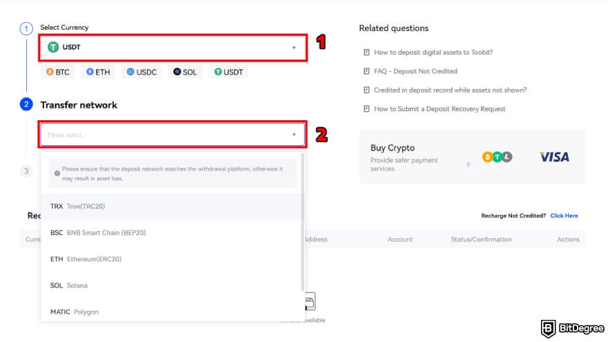 How to use Toobit: select currency and network.