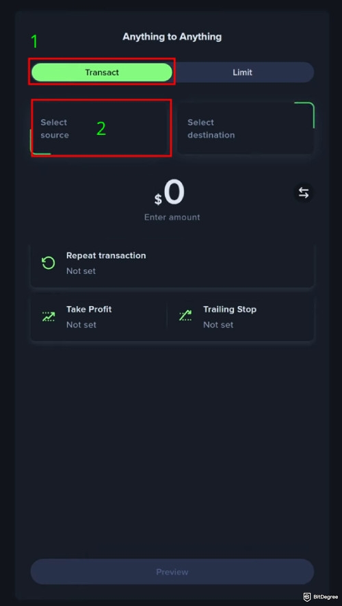 How to use Uphold: select transact and then source.