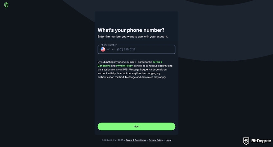 How to use Uphold: enter your phone number.