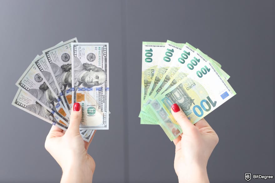 How to wire money: a hand holding USD bills and EUR bills in another.