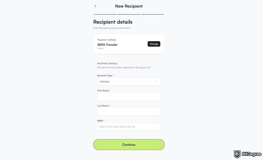 How to withdraw cash from credit card: entering recipient details on Ogvio.