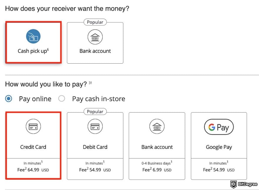 How to withdraw cash from credit card: the payout and payment options on Western Union, with cash pickup and credit card highlighted.