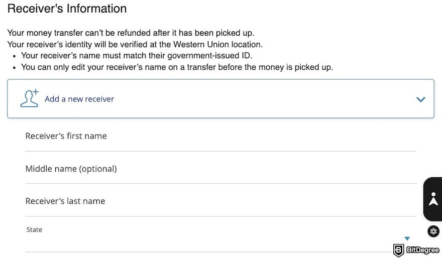 How to withdraw cash from credit card: adding recipient details on Western Union.