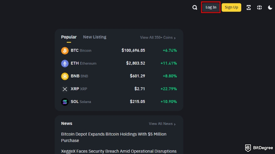 How to withdraw crypto from Uphold: login to Binance.