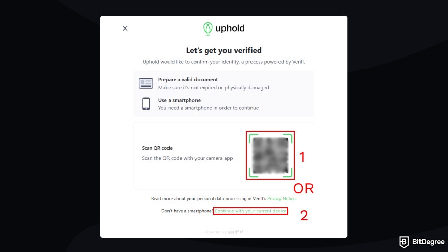 How to use Uphold: use your smartphone or choose to continue using computer.