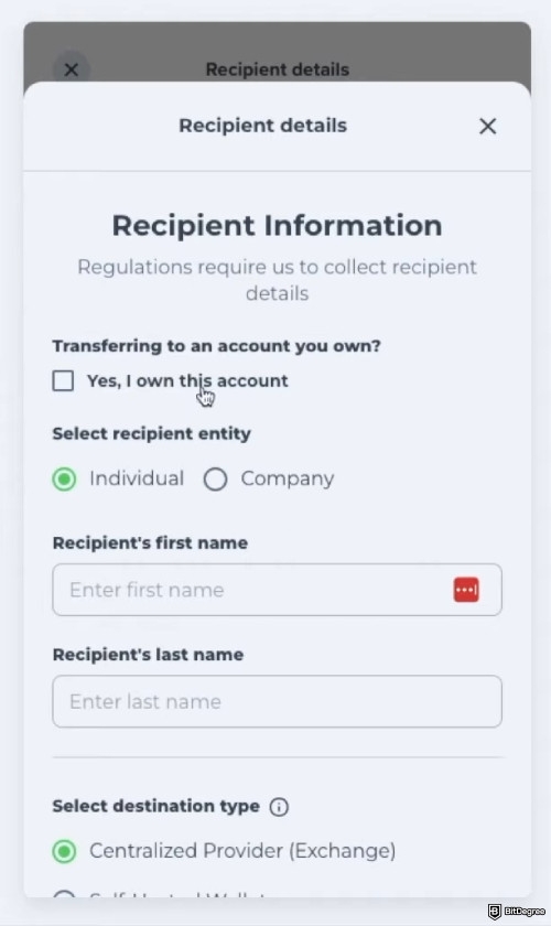 How to withdraw crypto from Uphold: enter recipient information if required.