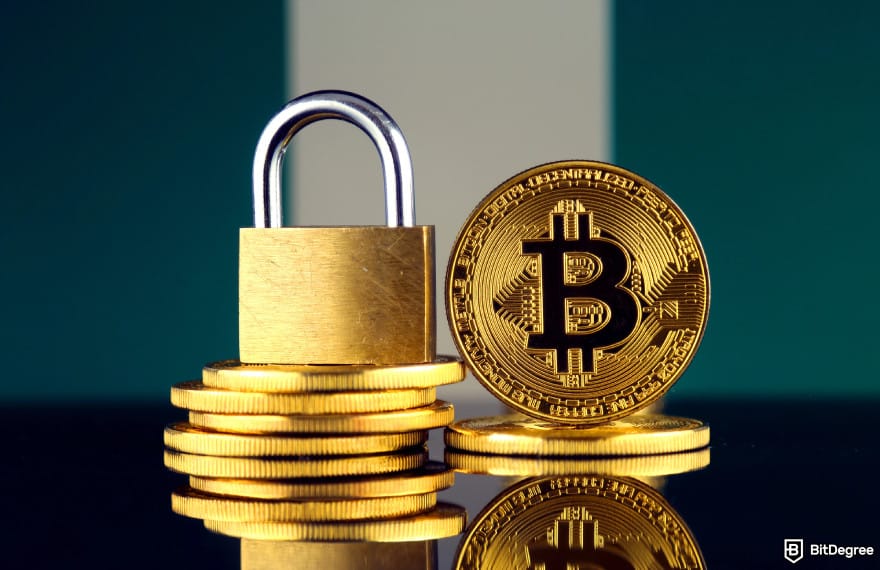 How to Withdraw From Binance in Nigeria: Bitcoin and padlock in front of Nigerian flag to illustrate crypto restrictions.
