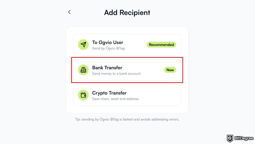 How to withdraw from Binance in Nigeria: Ogvio app add recipient page highlighting [Bank Transfer] option.