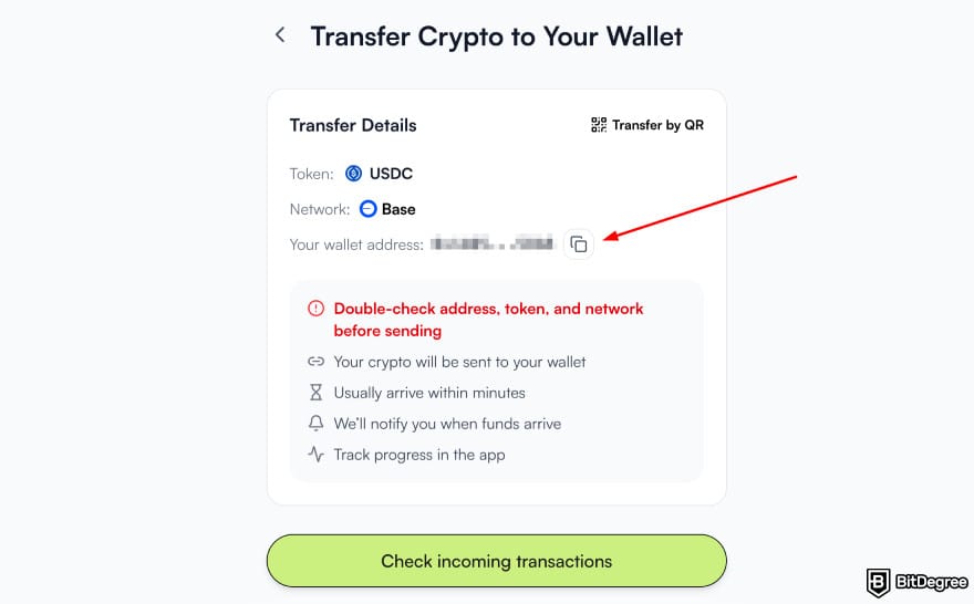How to Withdraw From Binance in Nigeria: Ogvio transfer crypto page highlighting the wallet address copy button.