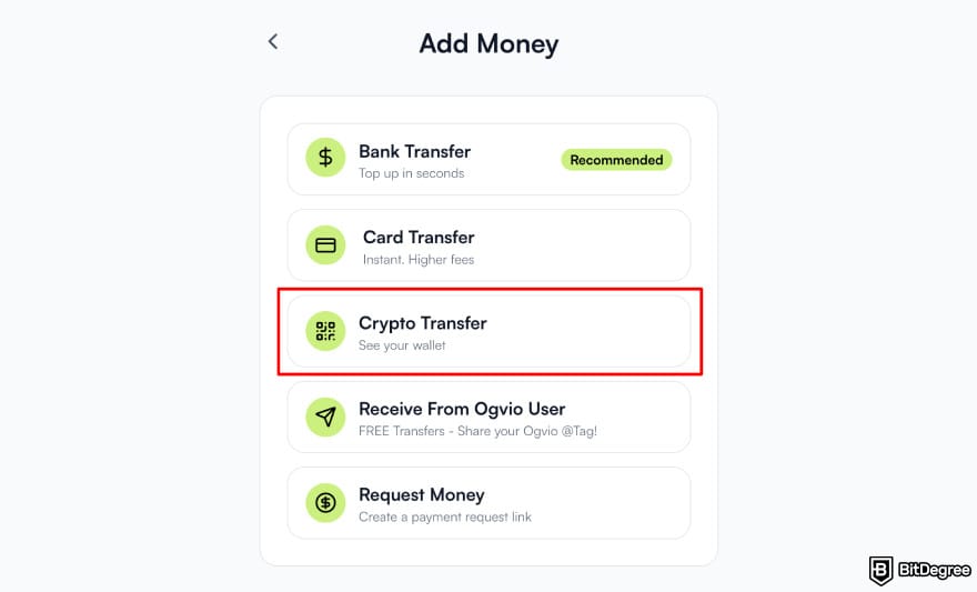 How to withdraw from Binance in Pakistan: Ogvio add money highlighting the [Crypto Transfer] option.