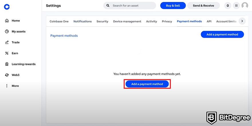How to withdraw from Coinbase: Adding a payment method.