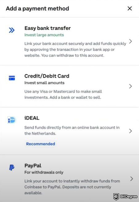How to withdraw from Coinbase: Choosing a payment method.