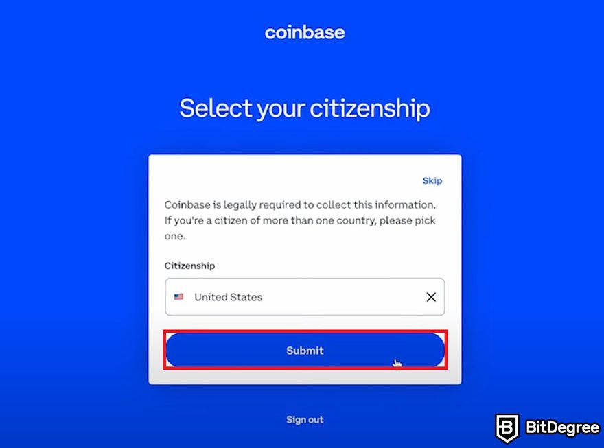 How to withdraw from coinbase: Selecting citizenship.