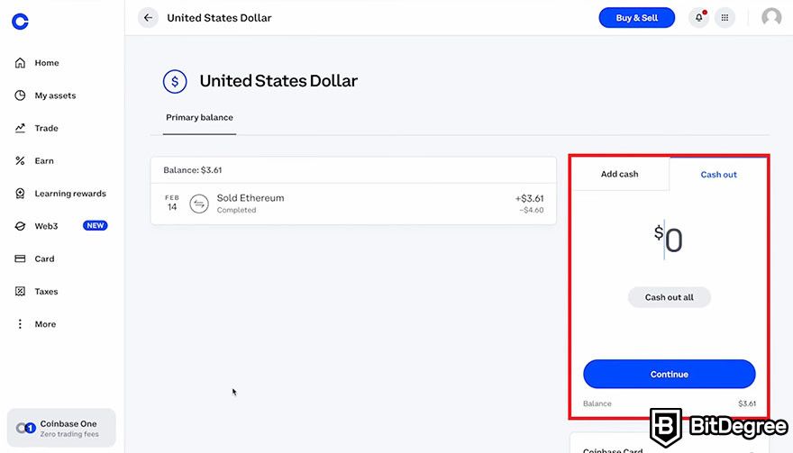 How to withdraw from Coinbase: Entering the amount to withdraw on the Coinbase web dashboard.