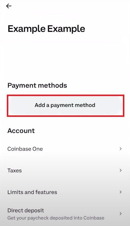 How to withdraw from Coinbase: Adding a payment method on the Coinbase mobile app.