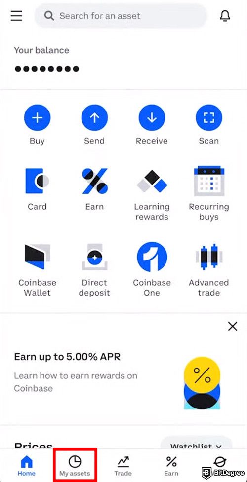 How to withdraw from Coinbase: My assets menu on the Coinbase mobile app.