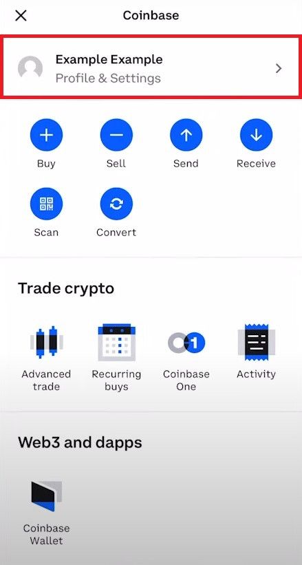 How to withdraw from Coinbase: The Profile and Settings menu on Coinbase mobile app.