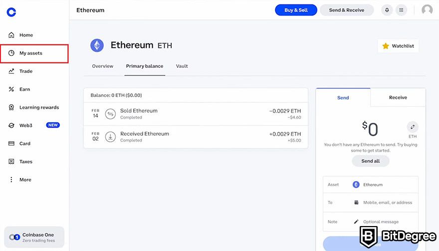 How to withdraw from Coinbase: My assets menu on the Coinbase web dashboard.