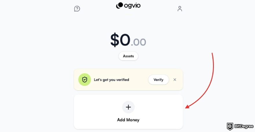 How to withdraw from Coinbase: a red arrow pointing to the [Add Money] button on Ogvio.