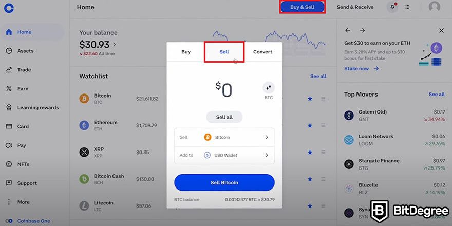 How to withdraw from Coinbase: Selling crypto on web browser.
