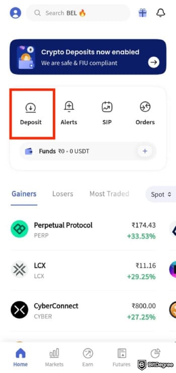 How to withdraw from KuCoin in India: CoinDCX app highlighting Deposit page.