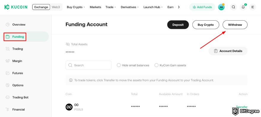 How to withdraw from KuCoin in India: KuCoin withdraw option on Funding page.