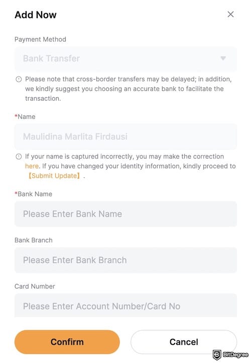 How to withdraw from KuCoin to Nigeria bank: entering bank details on Bybit.