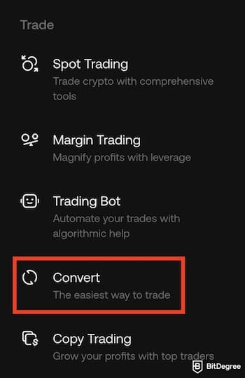 How to withdraw from KuCoin to Nigeria bank: the [Convert] menu on KuCoin outlined.