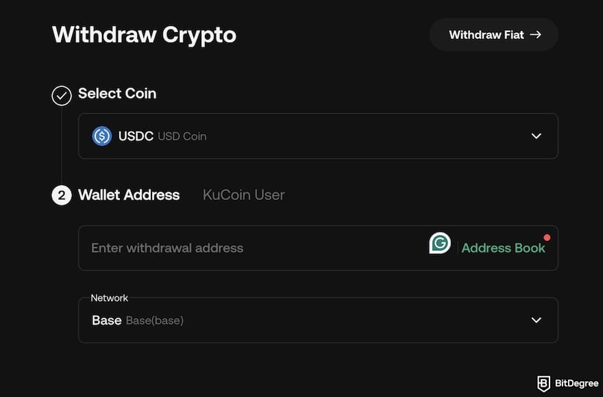 How to withdraw from KuCoin to Nigeria bank: KuCoin's withdrawal page, showing the coin, wallet address, and the network fields.