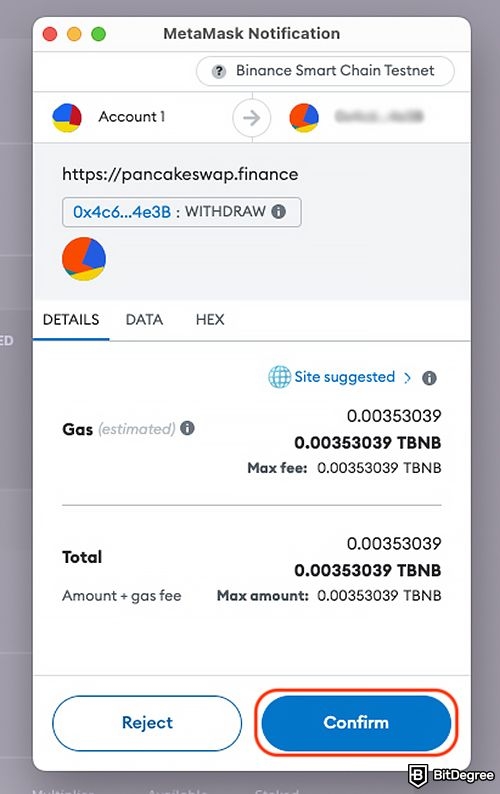 How to withdraw from PancakeSwap: withdrawal approval in a MetaMask extension.