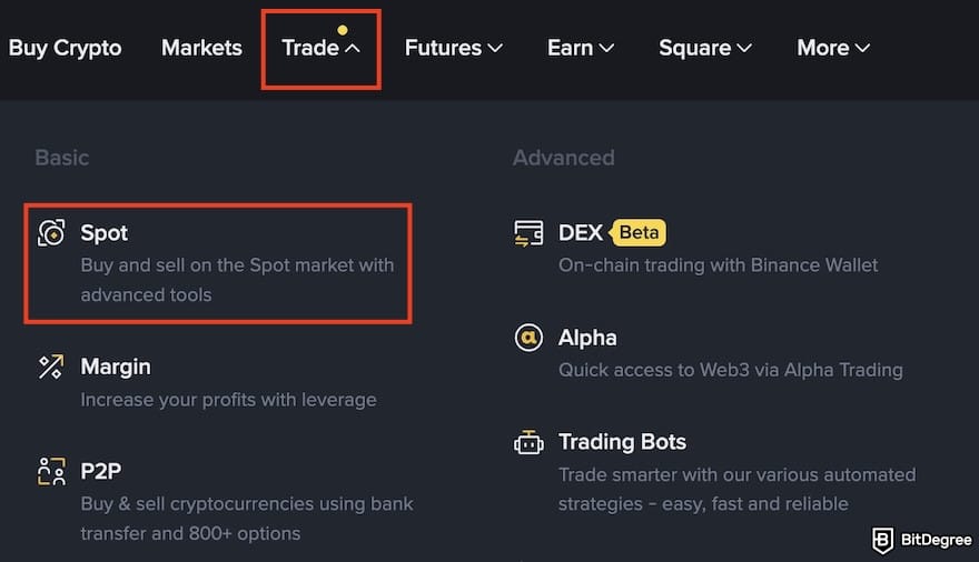 How to withdraw from Phantom Wallet: the [Spot] and [Trade] menus on the Binance webiste highlighted.