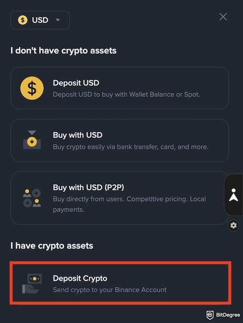 How to withdraw from Phantom Wallet: the [Deposit Crypto] menu on Binance highlighted.