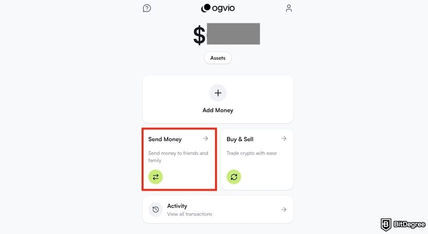 How to withdraw from Phantom Wallet: the [Send Money] button on Ogvio outlined.
