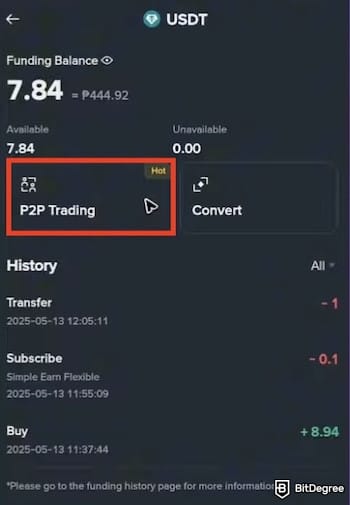 How to withdraw from Phantom Wallet: the [P2P Trading] menu on Binance's app highlighted.