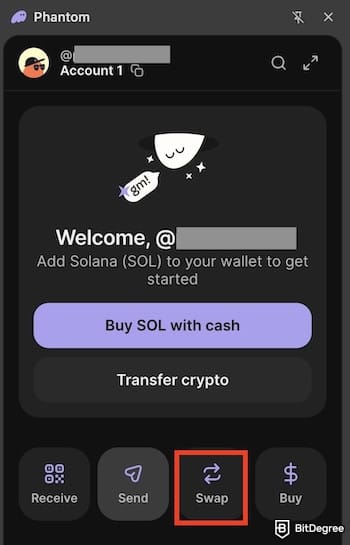 How to withdraw from Phantom Wallet: the [Swap] menu on Phantom outlined.