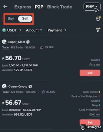 How to withdraw from Phantom Wallet: the [Sell] tab on Binance's P2P highlighted.