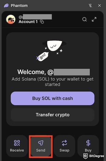 How to withdraw from Phantom Wallet: the [Send] button on Phantom highlighted.
