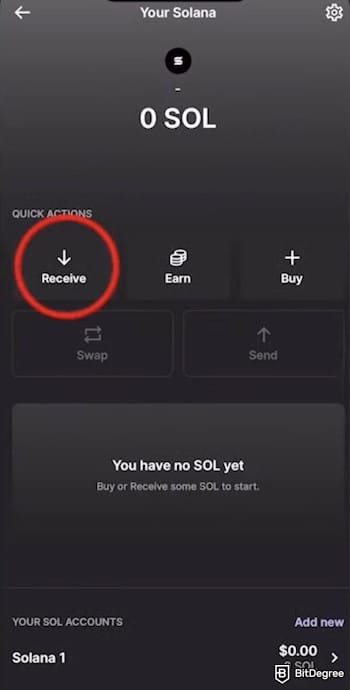 How to withdraw from Phantom Wallet: the [Receive] button on the Solana wallet on Ledger Live highlighted.