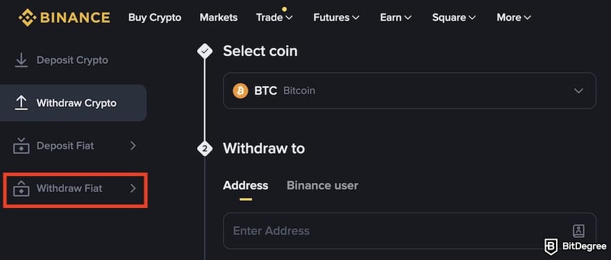 How to withdraw from Phantom Wallet: the [Withdraw Fiat] menu highlighted on Binance.