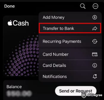 How to transfer money from Apple Pay to bank instantly: the [Transfer to Bank] option.