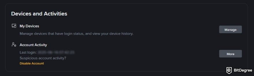 How to withdraw money from Binance: the Devices and Activities account settings on Binance.