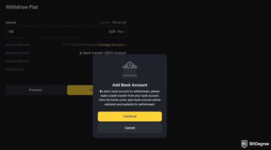 How to withdraw money from Binance: a pop up window on Binance showing the instruction on how to add a bank account.