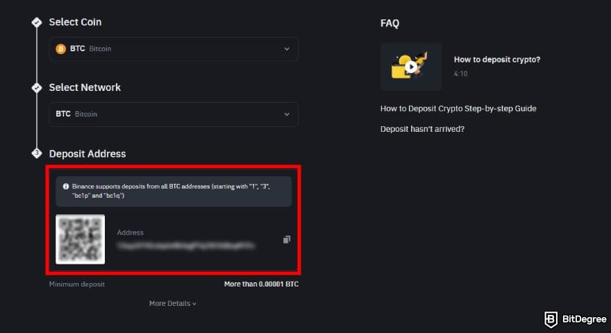 How to withdraw money from Binance: the deposit crypto interface on Binance with the Deposit Address highlighted.