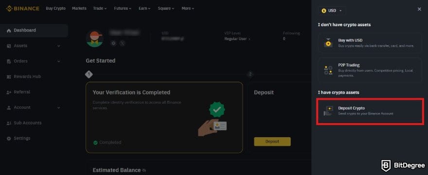 How to withdraw money from Binance: Binance user's dashboard interface with the Deposit Crypto menu highlighted.