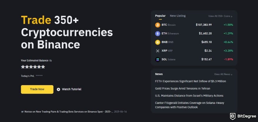 How to withdraw money from Binance: Binance homepage.