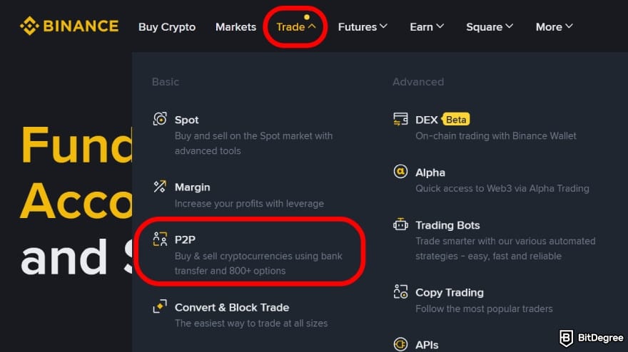 How to withdraw money from Binance in India: navigate to the [P2P] section.